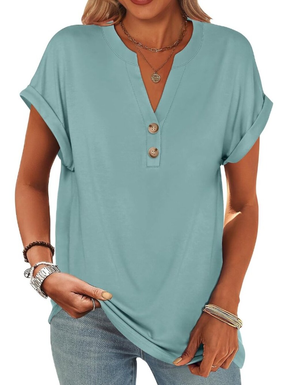 Women's Cadet Blue Summer Short Sleeve Henley V Neck Dressy Fashion Top Blouses